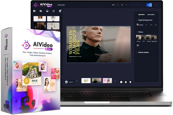 AIVideoBuilder software box and video editing interface